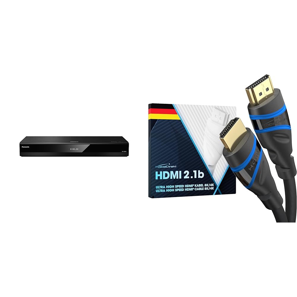 Panasonic DP-UB824EGK UHD Blu-ray Player (4K Blu-ray Disc, 4K VoD, 2X HDMI, USB, 7.1 Analog-Ausgänge) & KabelDirekt – 2 m – 8K HDMI 2.1 Ultra High Speed HDMI Kabel, Zertifiziert (blau/schwarz)