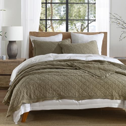 HORIMOTE HOME 100% Linen Front/100% Cotton Back Quilt Set Queen Size, Olive Green Pre-Washed European Flax Linen Quilt, Diamond Stitch Bedspread Coverlet Bedding Set 3-Piece for All Seasons by HORIMOTE HOME - Used condition - US$120.21