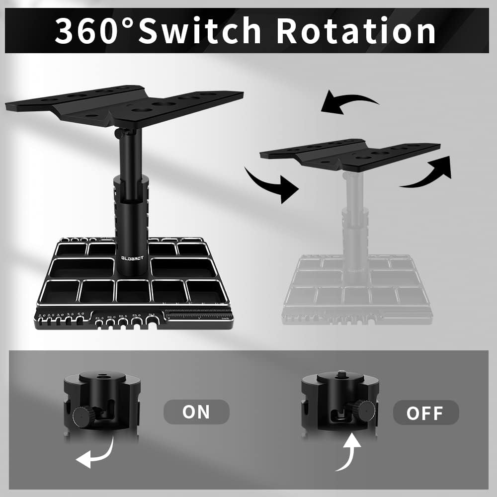 GLOBACT Multifunctional RC Car Stand RC Work Stand RC Repair Stand 360° Switch Rotation 5 Levels Height Lift or Lower with Screw Base for 1/8 1/10 1/12 1/16 1/18 RC Car Truck Crawler (Black)