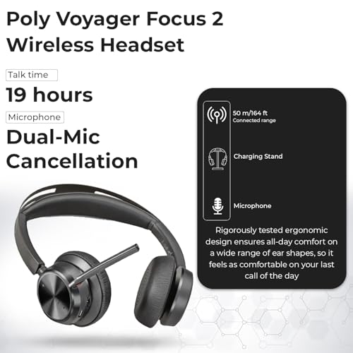 ANYHDD Poly Voyager Focus 2 UC Wireless Headset & Charge Stand - Headphones + Charging Station + USB-C to A Adapter + USB Dongle + Pouch + Microfiber Cloth