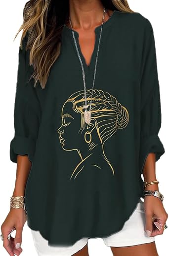 MARSVOVO Tunic Tops for Women Loose Fit Dressy Casual Long Sleeve Blouses Button V Neck Fall Dress Shirts Trendy Graphic