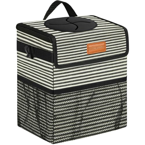 Image of ELONGRIVER Car Trash Can for Car with Lid, Car Organizer Can Trash Bag Hanging Leak Proof Vehicle Trash Can (Stripe Print, 2 Gallons)