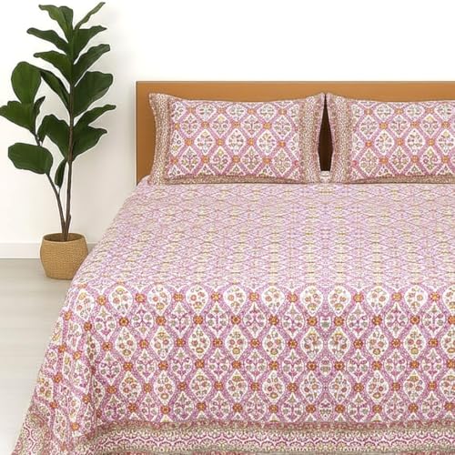 Image of Jaipur Weaves Jaipuri Double Bed Cotton Bedsheet Queen Size 90x85, 120 TC 100% Pure Cotton Bed Sheet with 2 Pillow Covers, Floral Traditional Print (Pink Jaal, Double)