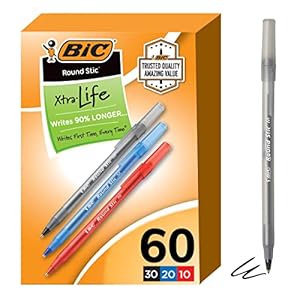 BIC Round Stic Xtra Life Assorted Ink Ballpoint Pens, Medium Point (1.0mm), 60-Count Pack of Bulk Pens, Flexible Round Barrel for Comfortable Writing, No. 1 Selling Ballpoint Pens