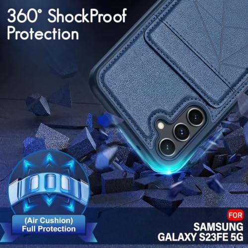 Image of amazon basics Premium Vegan Leather Back Cover with Card Holder and Integrated Mobile Stand for Samsung Galaxy S23 5G - Slim Shockproof Wallet Case with Geometric Stitching [Blue]