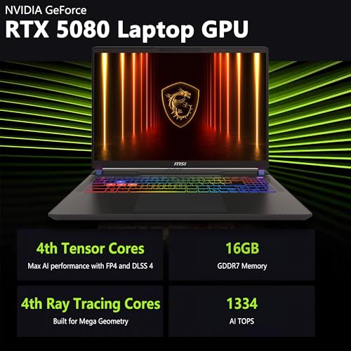 Image of msi Vector 16 HX AI Gaming Laptop | 16 inch QHD+ IPS 240Hz | Intel Core Ultra 9 275HX | 64GB DDR5 4TB SSD | GeForce RTX 5080 (Up to 1334 AI Tops) | RGB Backlit Thunderbolt 5 Win11 Pro w /DLCA Accessory