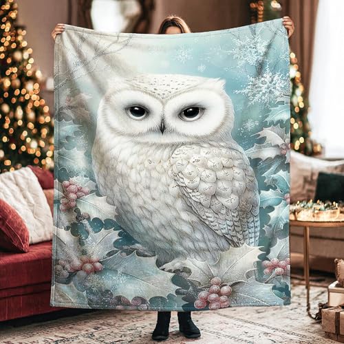 Manta con diseño de búho, copos de nieve, copos de nieve, manta de forro polar blanco suave y acogedora para sofá, cama, coche, silla de regazo, escritorio de oficina, 40 x 60 pulgadas