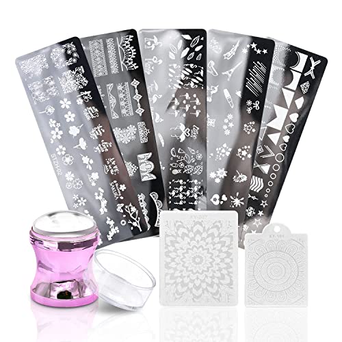 Nail Art Stamper,Pinkiou Nail Stamper Kit, Nail Stamping Plate Clear Silicone Nail Stamper French Tip Nail Stamp with Template Scraper Nail Plates,Stamper For Nails with 5PCS Stamping Plates(Randomly)