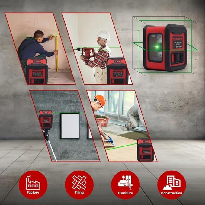 Image of OXFORD OLL 002 2-Line Green Laser Level, IP54 Dustproof & Shockproof, 98ft Range, 卤2mm Accuracy, Versatile Magnetic Holder, Powered by 3 AAA Batteries,Oxford 2 Cross Line Level, | Accuracy 卤2mm /5m