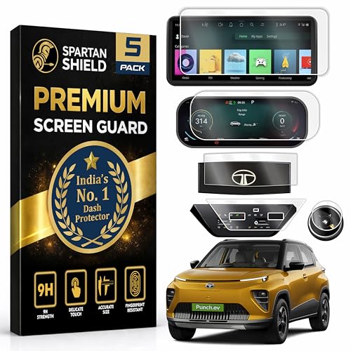 Image of Spartan Shield [5PACK] SCREEN GUARD For TATA PUNCH EV 2026 Facelift || EMPOWERED | EMPOWERED+S || 10.25-INCH [Round Corners] INFOTAINMENT Touchscreen + 10.25 INCH Instrument Cluster + Digital Steering + AC Panel + Gear Knob Protector | Anti Scratch | Water Resistant | HD Clear | High Touch Sensitivity | Punch.EV Electric Car Music Stereo Accessories 2026+ [Not Tempered Glass] ***Doesn't Fit Smart+ / Adventure Variants***