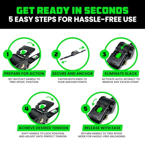 Image of Rhino USA Retractable Ratchet Straps (4-Pack) - 2 Inch x 10 Feet (3,033lb Break Strength) - Heavy Duty Auto Self Retracting Tie Down Straps for Truck, Cargo Trailer, Motorcycle, Rad & More - Black