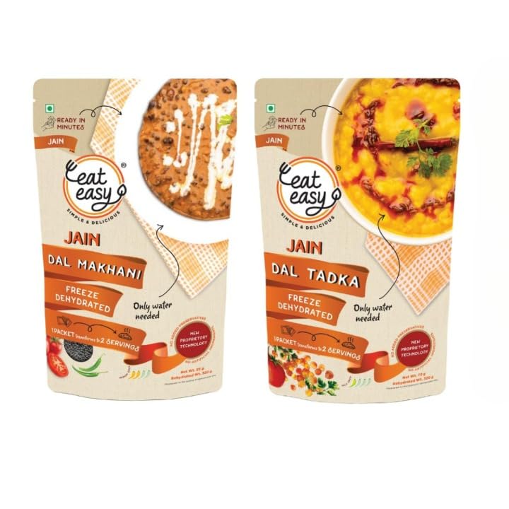 Image of Eat Easy Ready To Eat Jain Meal Combo- Dal Tadka & Dal Makhani (62g Each) | No Garlic No Onion Ready to Eat & Cook Travel Food | Freeze Dehydrated | 100% Veg | No Preservatives | Just Add Water Instant Food