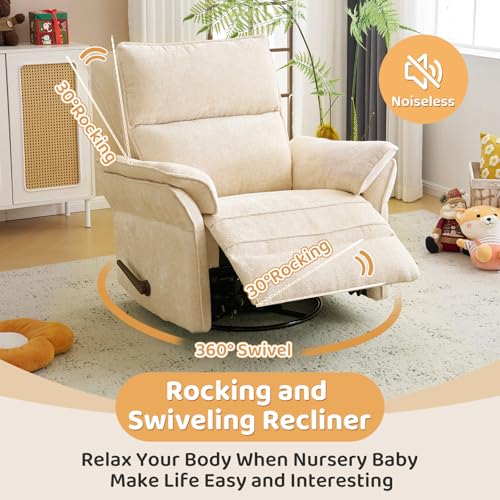 Image of Swivel Rocker Recliner with Adjustable Headrest,Upholstered Glider Rocker Recliner with Overstuffed Armrest,Manual Recliner Nursery Chair for Living Room,Beige