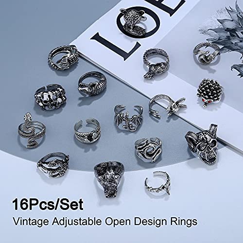 ORAZIO 16Pcs Gothic Open Rings Set for Men Women Punk Adjustable Snake Dragon Claw Animal Rings Vintage Goth Skull Rings Indie Aesthetic4