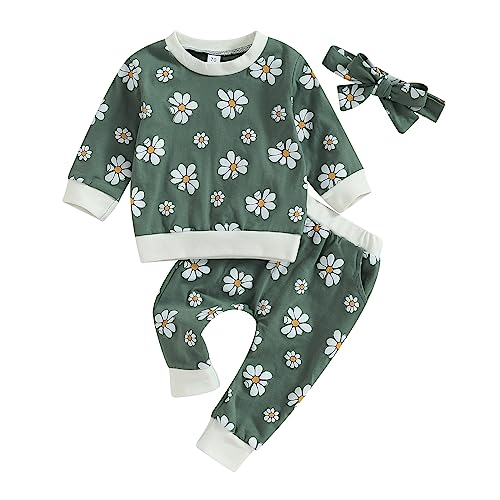 Image of 3Pcs Baby Girl Outfits Daisy Sweatshirt + Pants + Headband Infant Fall Winter Clothes