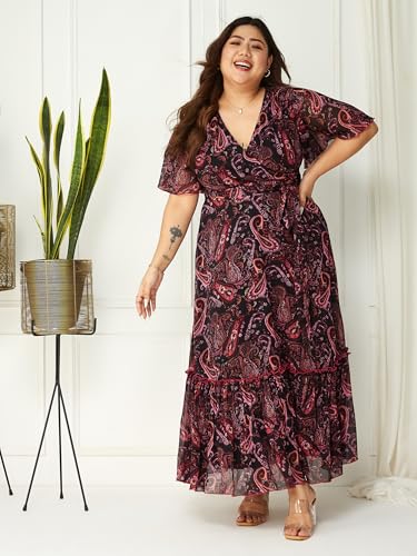 Image of Miss Chase A+ Women's Floral Wrap Chiffon Maxi Dress with Flutter Sleeves Frilled Hem