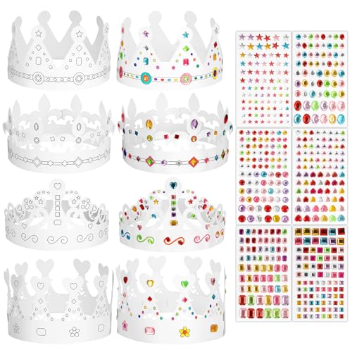 BOOMTOP 8pcs Kinder Kronen Papier Geburtstagskrone zum Malen und Basteln Papierkrone Weiß Geburtstag Partyhüte mit 6 Strasssteine Selbstklebend Glitzersteine Aufkleber für Kindergeburtstag Party