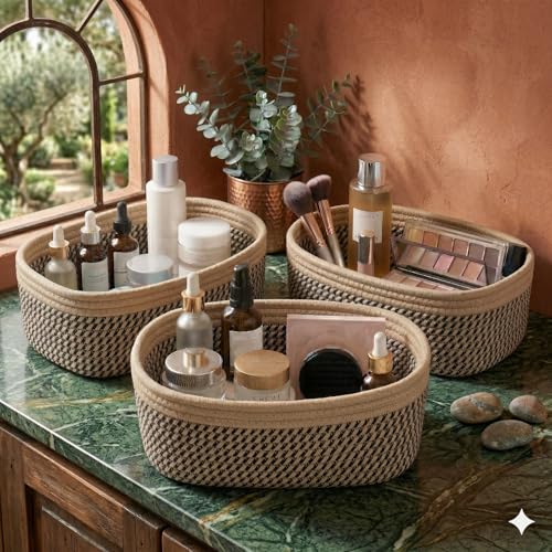 Image of 100% Natural Jute small box mini rope paper storage Round hamper baby nursery tray bucket for Living Kitchen, Office, Drawing Room,fruits, kitchen, office, (black beige 3 set)