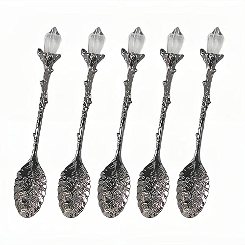 5-Piece Set - Retro Carved Crystal Head Pattern Zinc Alloy Leaf Spoon Creative Mug Dessert Coffee Ice Cream Fruit Tea Spoon (Gun Black - 5 Piece Set)