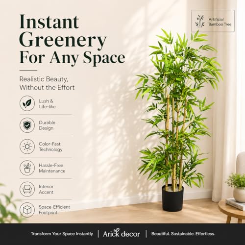 Image of ARICK DECOR Artificial Bamboo Tree 4Ft Tall in Pot - 120cm Realistic Faux Bamboo Silk Plant with Natural Look Canes, Peacock Shaped Floor Decor Greenery for Home, Living Room, Office & Balcony