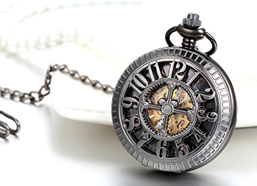 Image of JewelryWe Antique Mechanical Pocket Watch Retro Classic Mechanical Hand-Wind Pocket Watch Steampunk Fob Watch Pendant Watch with Chain, for Father's Day