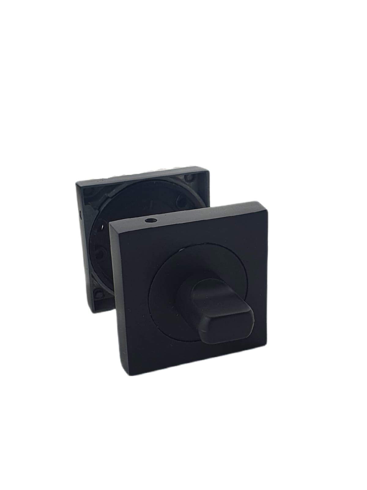 Golden Grace Matt Black Turn & Release Set For Bathroom Lock On Square Backplate In Finish With Round Inner Ring, Toilet Door Thumb Twist