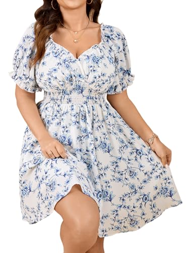 Image of SCOMCHIC Womens Plus Size Summer Dresses Casual Sun Dress Sweetheart V Neck Puff Short Sleeve Smocked A Line Mini Dress