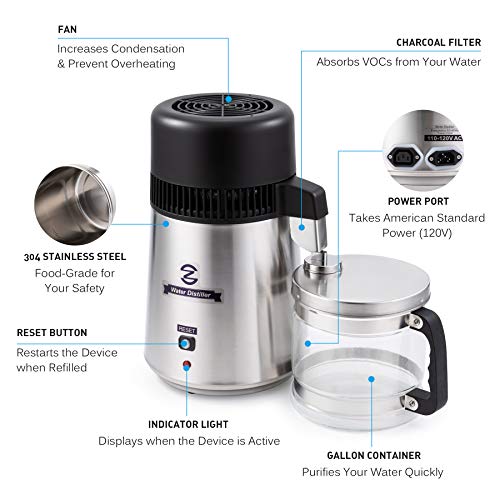 Image of CO-Z Water Distiller 4L Distilled Water Maker with Glass Pot, Brushed 304 Stainless Steel Home Countertop Distiller Water Machine, Distilling Water Purifier Distillers to Make Clean Water