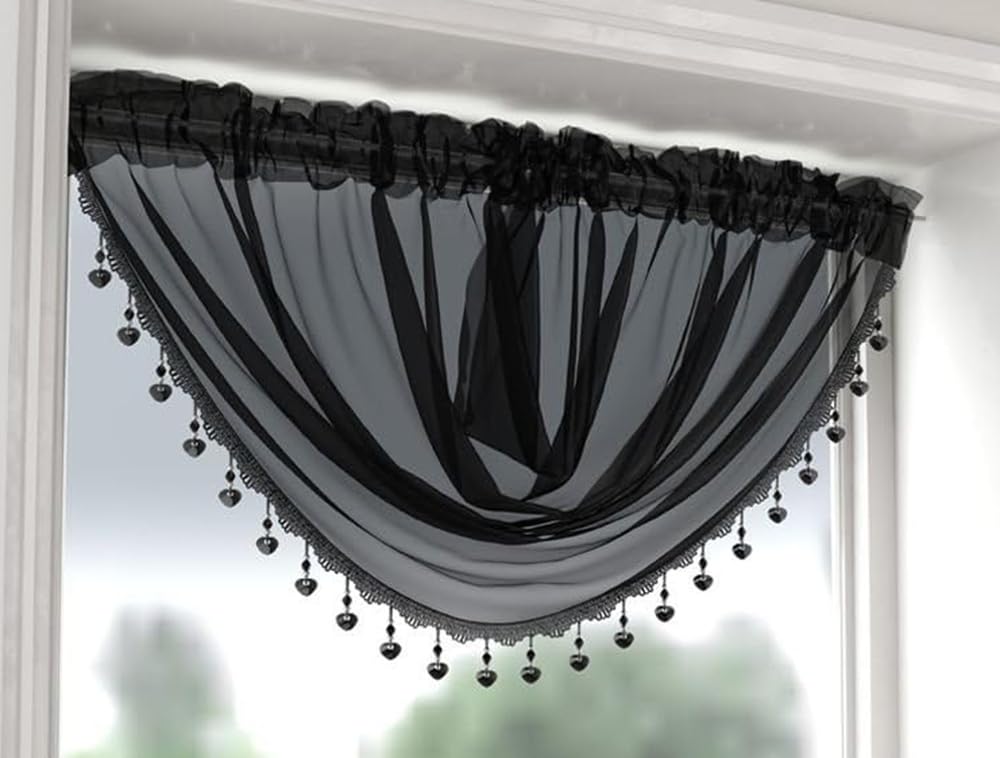 Maple Textiles Beaded Hearts Voile Curtain Swag, Slot Top Design, Available in White, Cream, Black, Grey, Red, Teal Colours (Black)