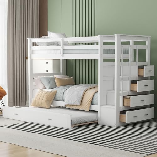 Merax Bunk Bed Twin Over Twin with Trundle, Twin Bunk Bed with Staircase, Wood Bunk Bed with Side Storage Drawer for Kids, Wood Slat Support, No Box Spring Needed, White