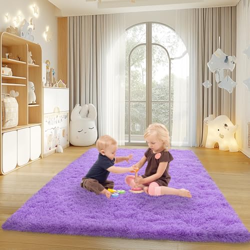 4x6 Rugs for Living Room, Large Fluffy Area Rugs for Bedroom, Soft Carpet Shag Kids Rug with 4 Non-Slip Rug Pads (Purple, 4ft x 6ft)