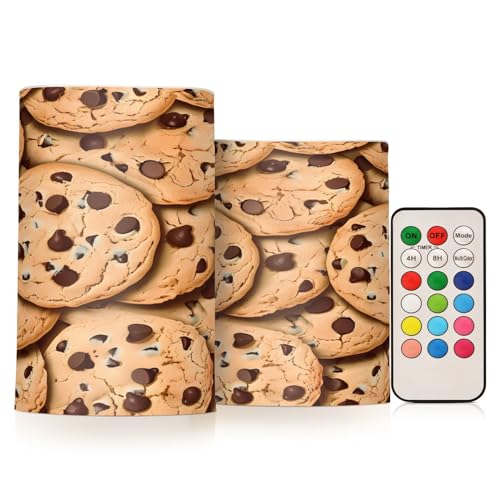 ALAZA Chocolate Chip Cookies Pattern Design Flickering Flameless Candles Battery Operated with Remote Timer,Tea Light Candles LED Pillar Votive Candles Set of 2 for Outdoor Indoor Decorations