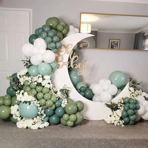 Image of Dusty Sage Green Blue Balloons, Muted Slate Blue Green Gold Balloon, 12 Inch Olive Green Cream White and Gold Balloon for Woodland One Silly Goose Lucky Birthday Decor Baby Bridal Shower Decorations
