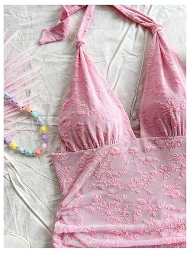 Verdusa Women's Vintage Leopard Print Layered Halter Dress Floral Asymmetrical Ruched Backless Mini Dress3