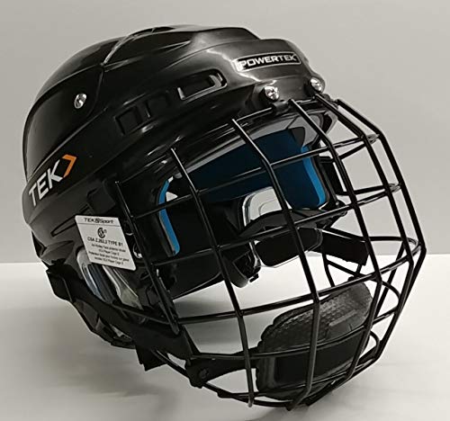 PowerTek v3.0 TEK Ice Hockey Player Helmet with Cage, Adjustable (Black, Junior Small)