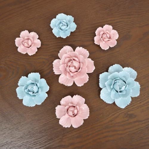 Image of Ceramic Flower Wall Art Decor, Artificial Flower Wall Sculpture,Handmade Ceramic Flowers for Home,Hallway,Living Room, Kitchen,Bathroom (Peony,Light Blue, 3.54 inch)