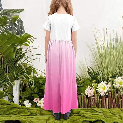 Gradient Maxi Dress for Girls Casual 2025 Summer Short Sleeve Crew Neck Swing Long Beach Dresses with Pockets for 4-14 Years4