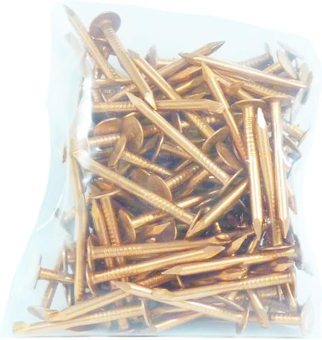 1 1/2" Solid Copper Smooth Shank Roofing Nails, 10 Gauge, 3/8" Head, Diamond Point, for Slate and Tile Roofing, Gutters, Sheet Metal, Decorative Copper, 1 lb (Approx. 129 Nails), Made in USA