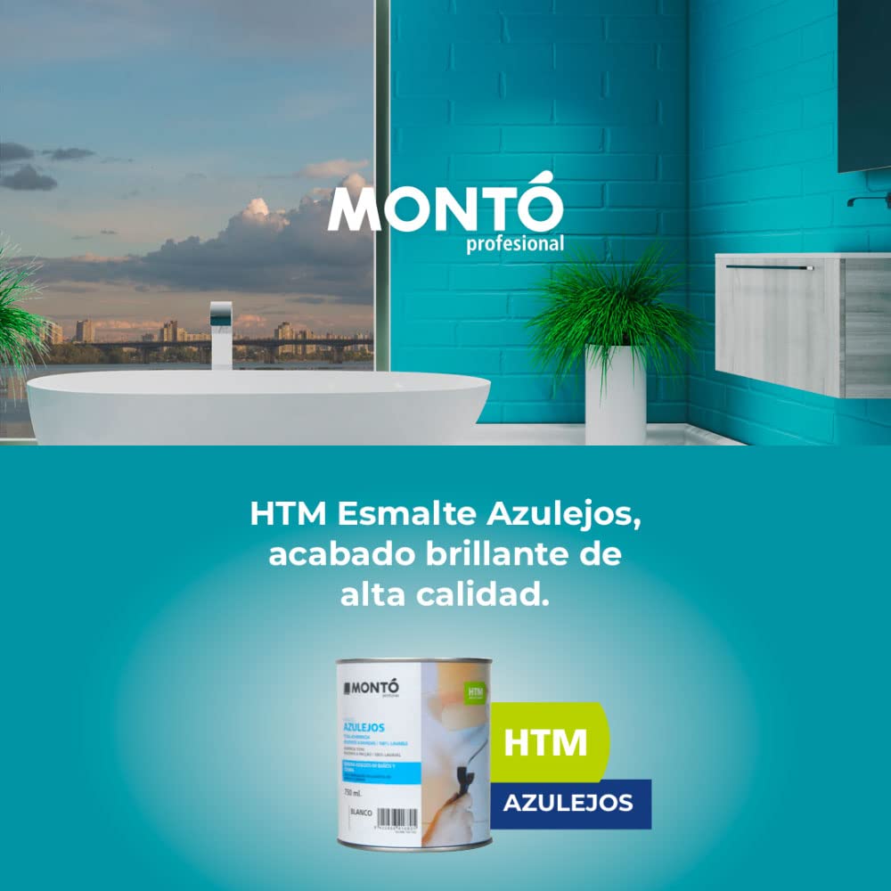 Montó Esmalte Laca de Poliuretano al Disolvente, Acabado Brillante, Ideal para el Pintado de Azulejos en Baños y Cocinas. HTM Esmalte Azulejos (750ml, Blanco Roto)