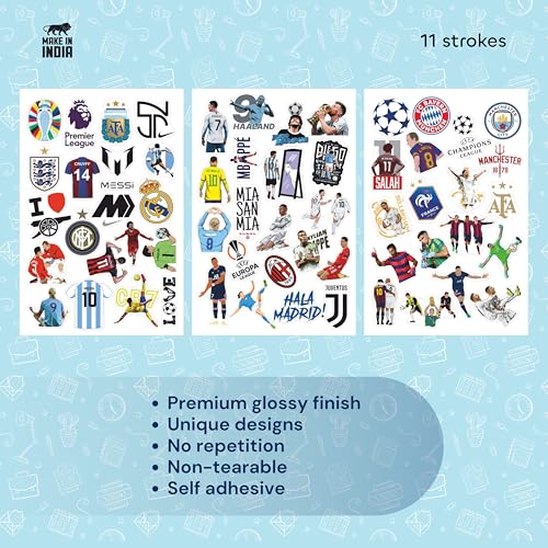 Image of 11 Strokes Stickers Set of 100 Football Stickers for Kids & Adults | Laptop Stickers Aesthetic Soccer Stickers Set | Laptop Sticker | Messi, Ronaldo, Real Madrid, Barcelona Gifts | Fun Football