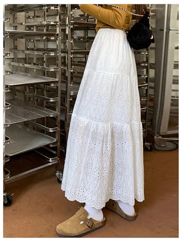 Verdusa Women's Eyelet Embroidery Ruffle Skirt Elastic High Waisted A Line Flowy Long Skirts4