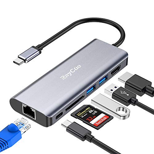 USB C Hub Adapter, SD Card Reader, 4K HDMI, Gigabit Ethernet Converter, USB 3.0 x 2, 60W PD Charger for MacBook Pro/Air, etc