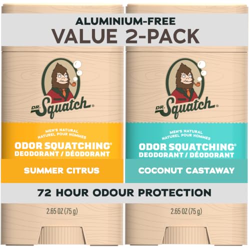 Dr. Squatch Natural Mens Deodorant Aluminium Free Natural Deodorant For Men with Charcoal & Postbiotics for 72-Hour Odor Protection Summer Citrus & Coconut Castaway 75g Stick (2-pack)