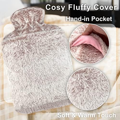obqo 2L Hot Water Bottle with Cosy Fluffy Cover, Natural Rubber Hot Water Bag for Sleeping and Feet Warmer - Bed Warmer & Comfortable Feeling Gift for Women & Kids (Pink Hand-in Cover)