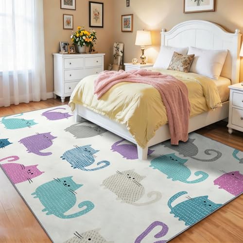 Tapis de zone lavable antidérapant 60 x 90 cm blanc imprimé chat - 3