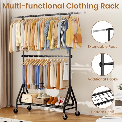Image of Double Rods Clothing Rack, Heavy Duty Clothes Rack for Hanging Clothes Load 560LBS, Metal Rolling Garment Racks with Wheels, Freestanding Clothes Hanging Racks, Black