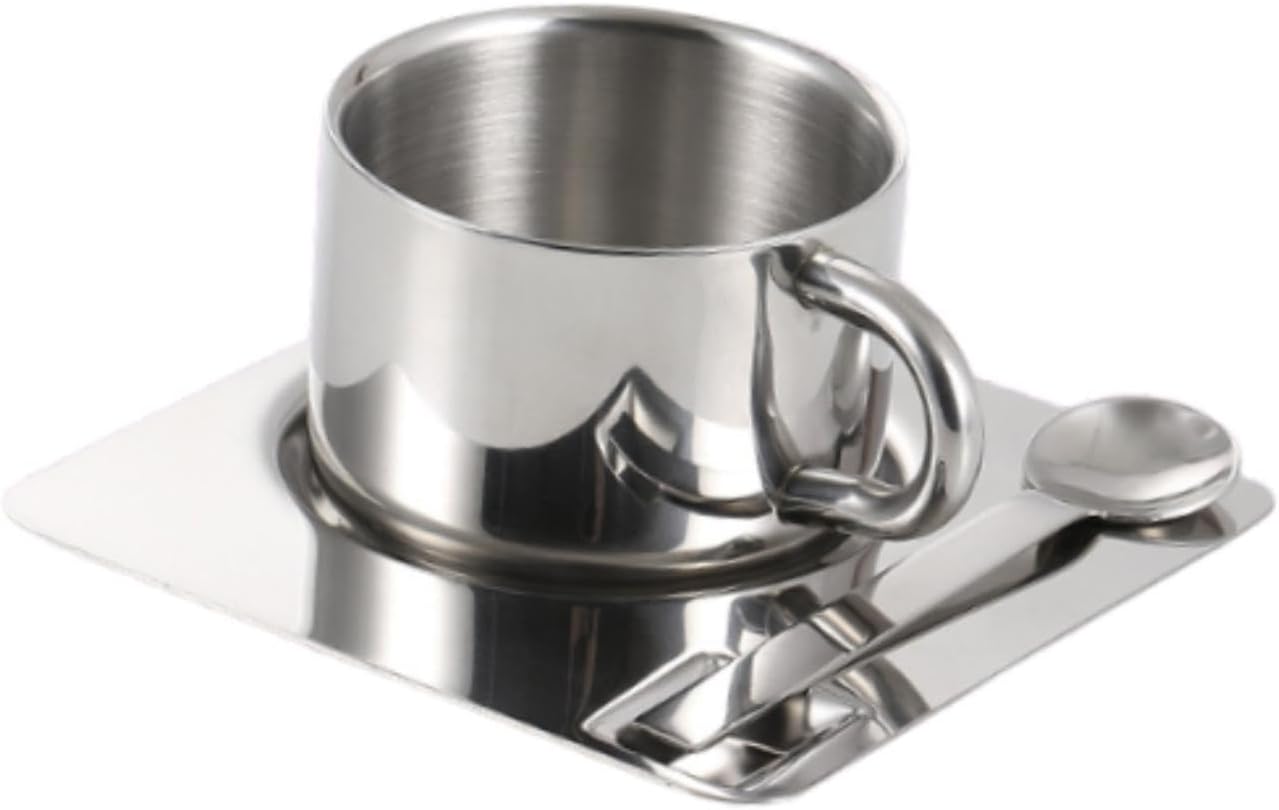 1-Piece 200ml Stainless Steel Coffee Mug Set, Modern Espresso Mug with Handle, Dish Plate Spoon, Heat-Resistant, Shatterproof Drinkware for Tea, Foamed Milk Coffee, Milk,
