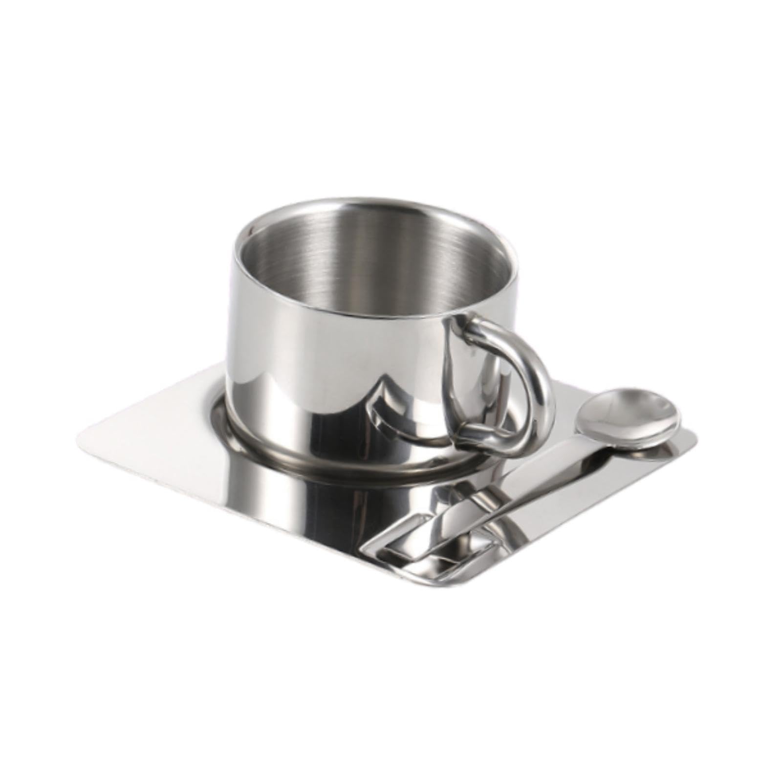 MagiDeal Taza de Café Juego con Plato y Tazas de Leche de Cuchara de Acero Inoxidable Taza de Té Portátil de Metal Portátil para Restaurante, Casa de Cocina