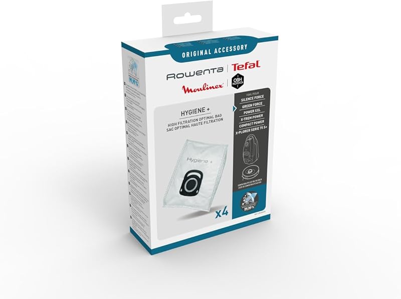 Rowenta Lot de 4 sacs Hygiène+, Compatibles avec les aspirateurs traineau Compact Power, Power XXL, Silence Force, X-Trem Power ZR200520 Blanc