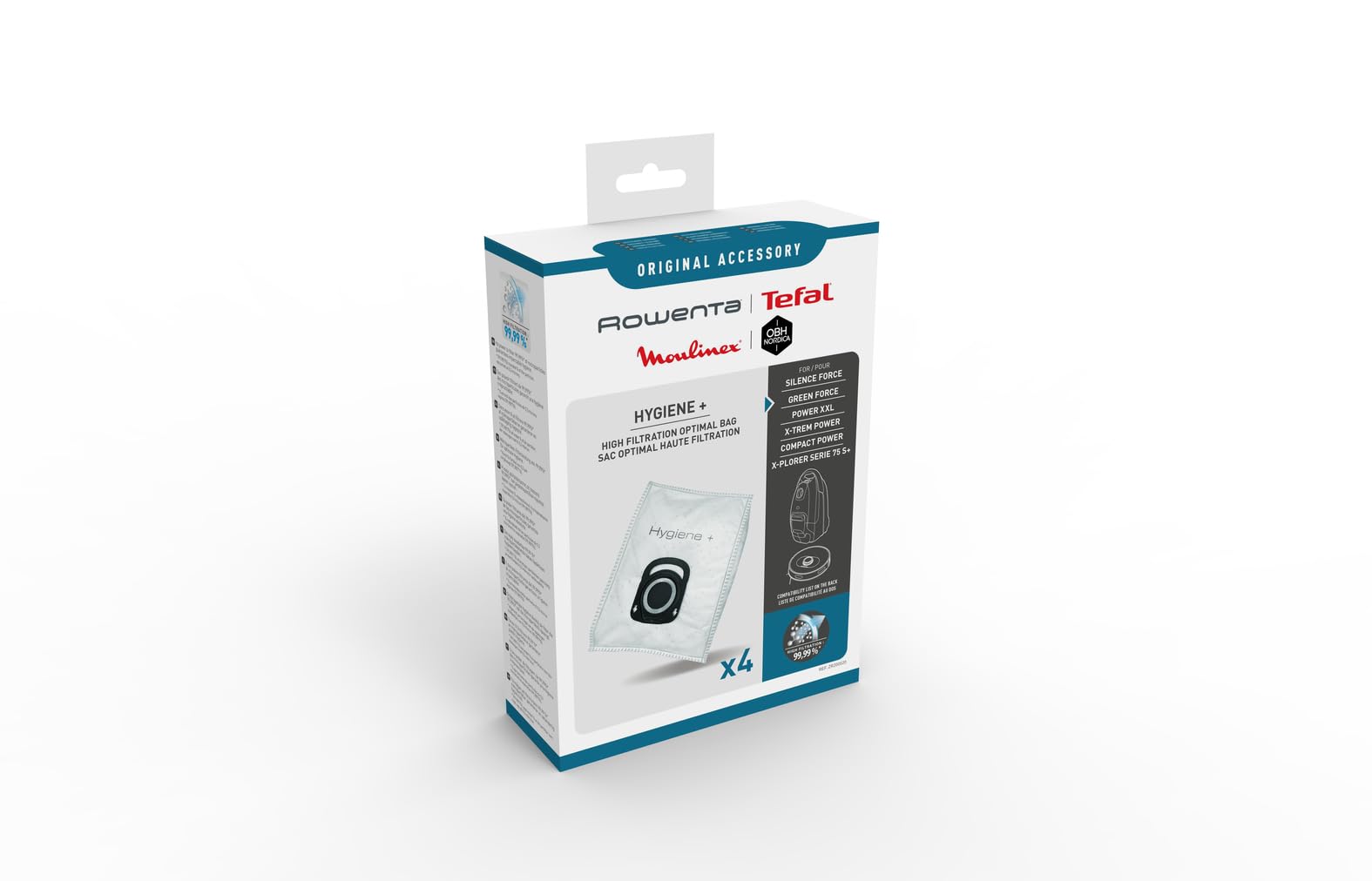 Rowenta Lot de 4 sacs Hygiène+, Compatibles avec les aspirateurs traineau Compact Power, Power XXL, Silence Force, X-​Trem Power ZR200520 Blanc
